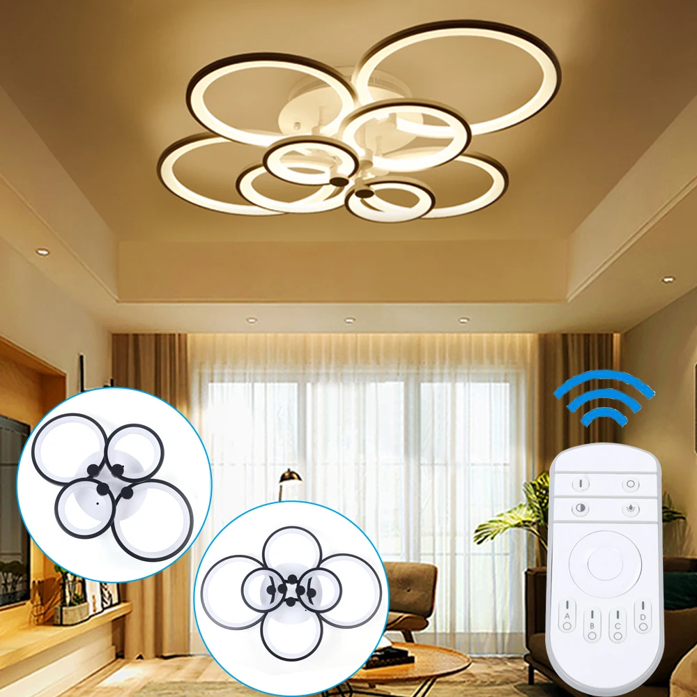 Moderno LED Acrílico Luz de Teto com Controle Remoto, Lustre, Lâmpada de Montagem Flush, 4 Cabeças, 60W, Preto