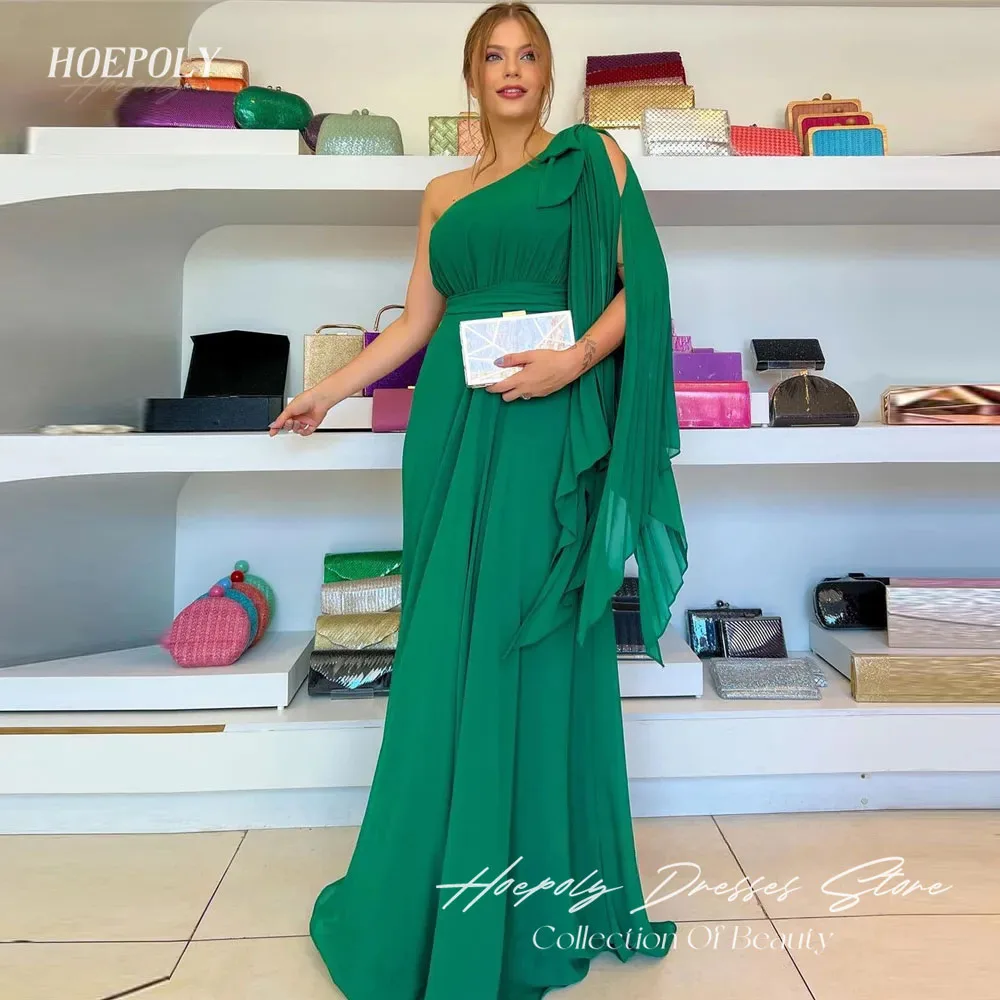 Hoepoly Prom Jurken Cape Mouwen Arabische Vrouwen Plsu Maat Feest Een Schouder Chiffon Groene Vrouwen Formele Gelegenheid Avondjurken