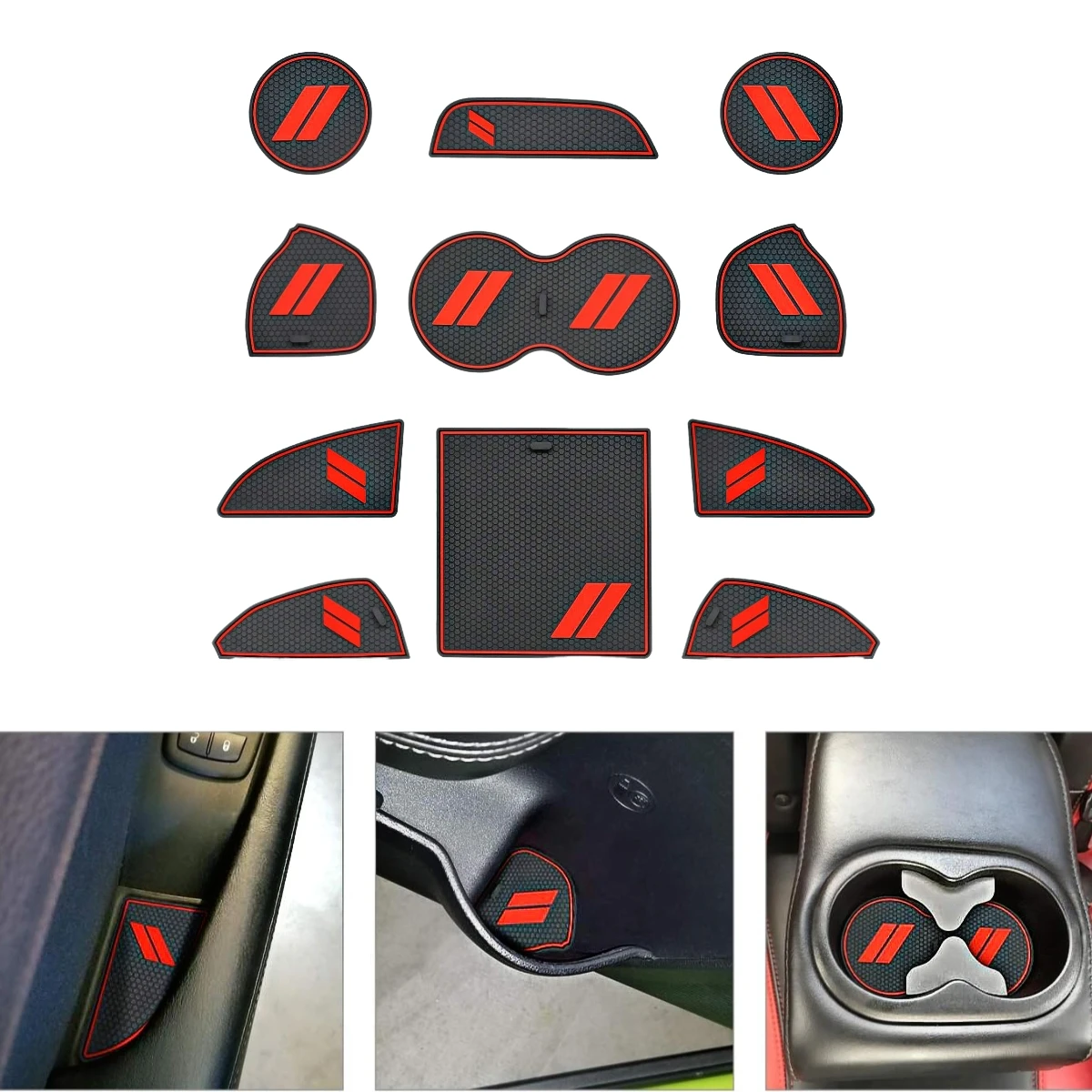 

Cup Door Console Liner Accessories Set Fit for 2015-2022 Dodge Challenger(11-pc Set, Red Trim)