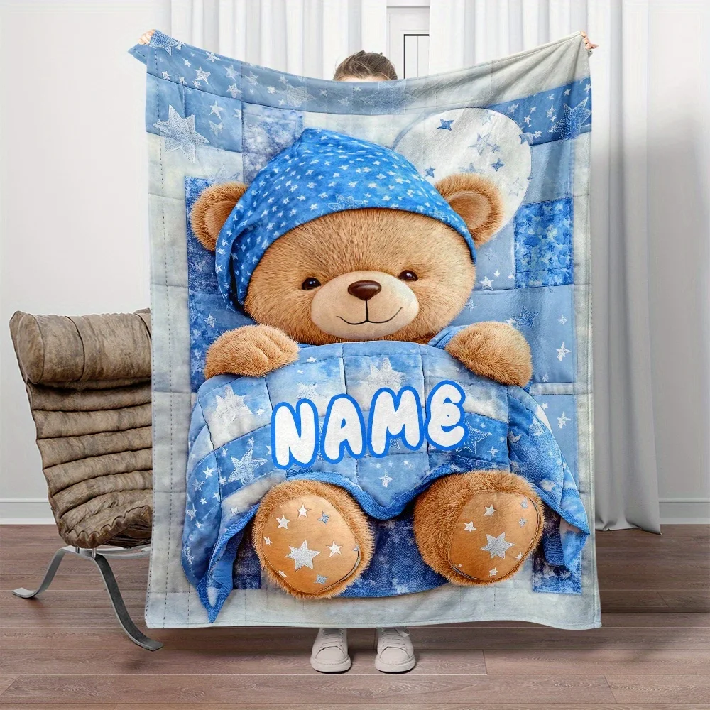 1Pc Personalized Custom Name/Text Blue Teddy Bear Flannel Blanket, Soft and Comfortable,Suitable for Office, Home, Holiday Gift