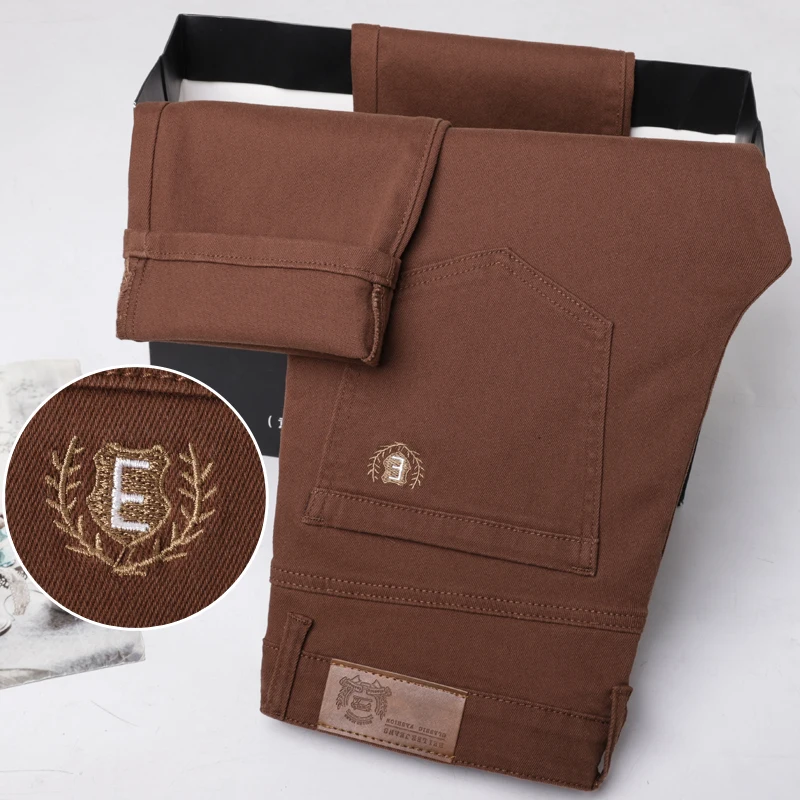 Classic Style 5 Colors Men's Slim Brown Blue Jeans High Quality Business Casual High Stretch Denim Pants Male Brand Trousers