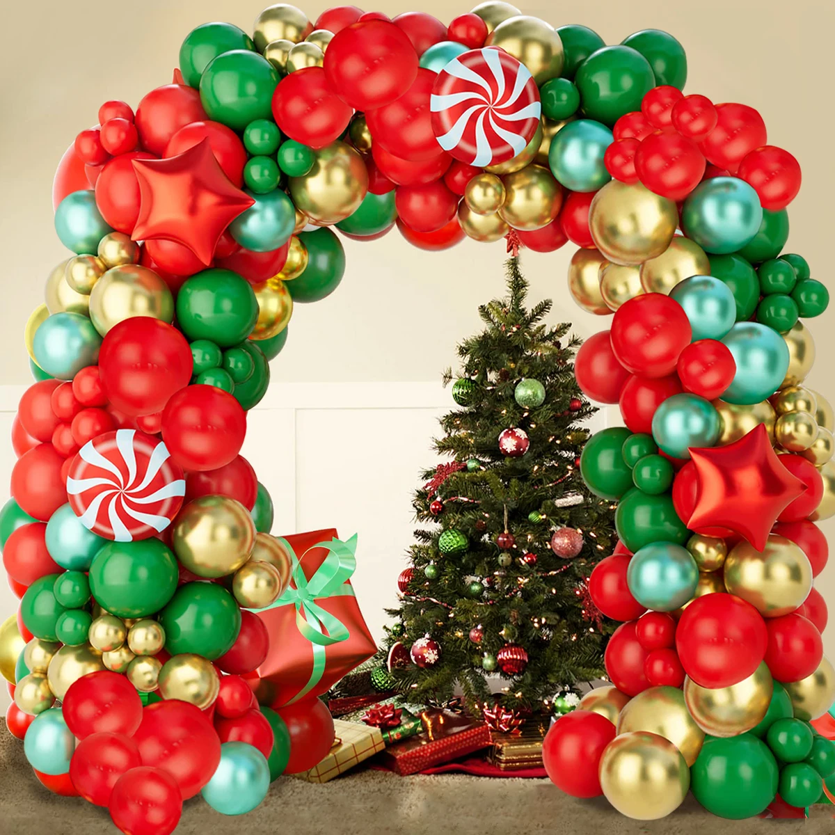 Christmas Balloon Arch Green Gold Red Box Candy Balloons Garland Cone Explosion Star Foil Balloons New Year Christma Party Decor