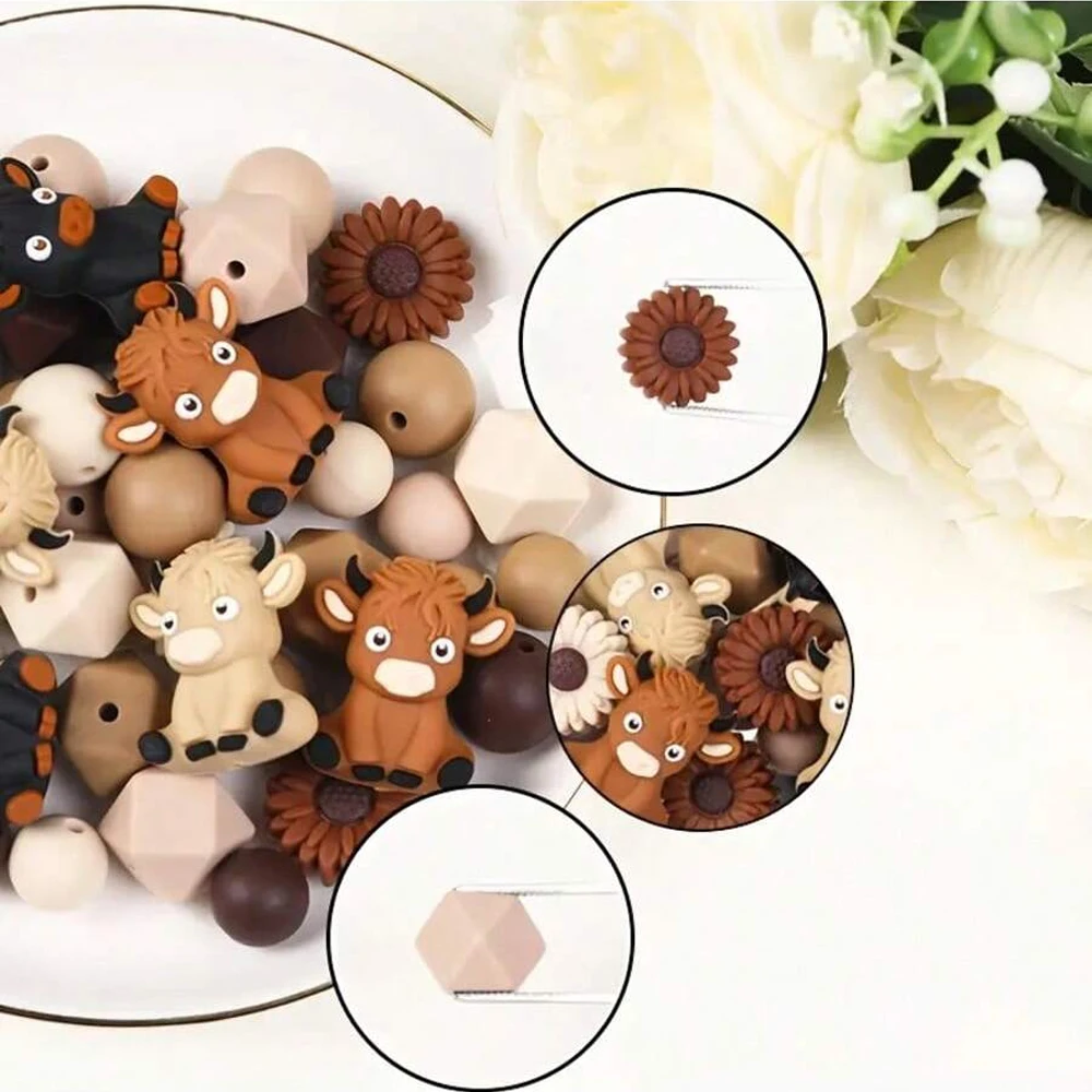 25/34/75PCS 3D Highland Cow und Daisy Silikonperlen-Set, modisches Tier, Blumenform, DIY-Schmuckherstellungsmaterial – Detail 2