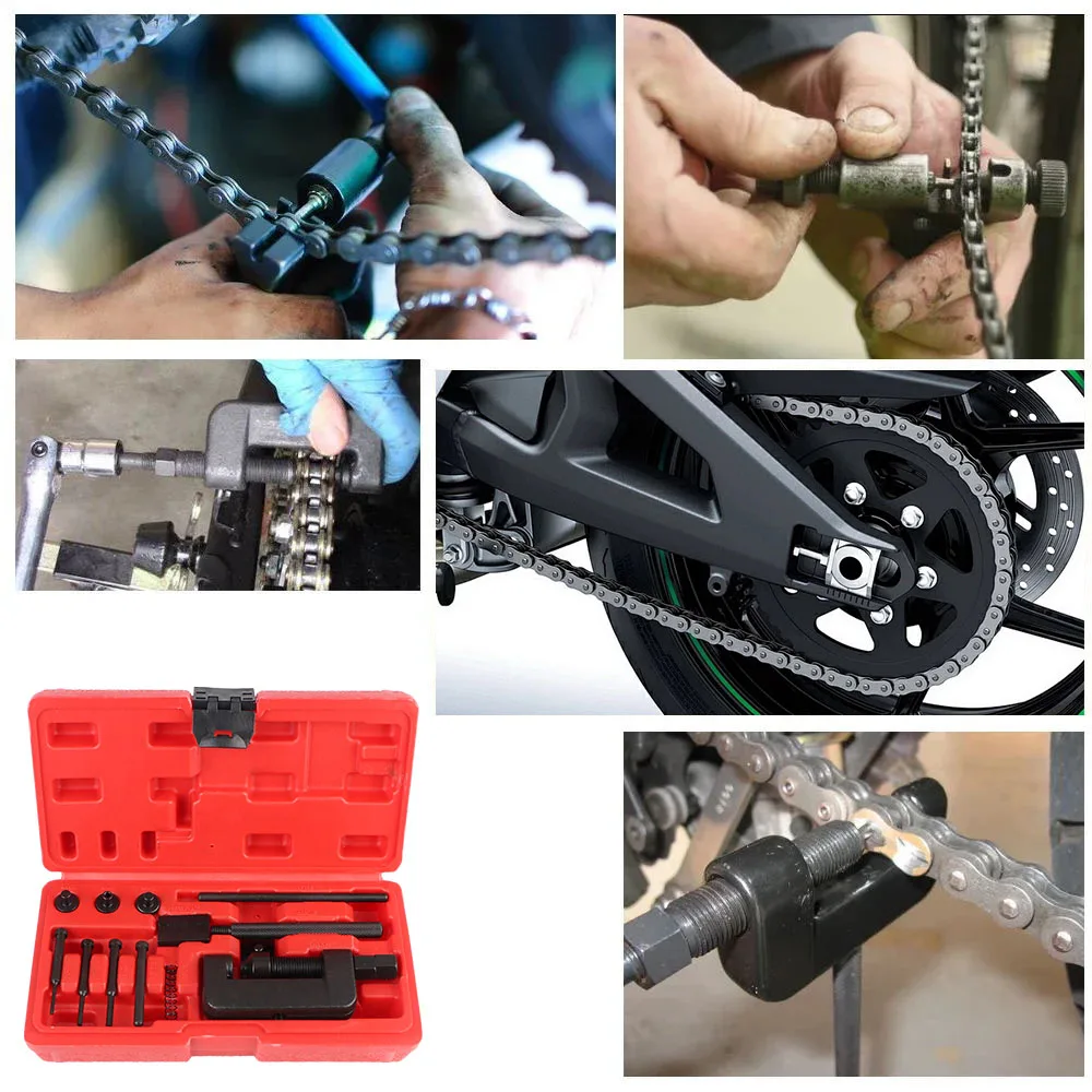 Motocicleta Cam Drive Chain Breaker com caixa vermelha, Riveting Repair Tool Kit, Splitter Link Riveter Set, Heavy Duty, 13Pcs