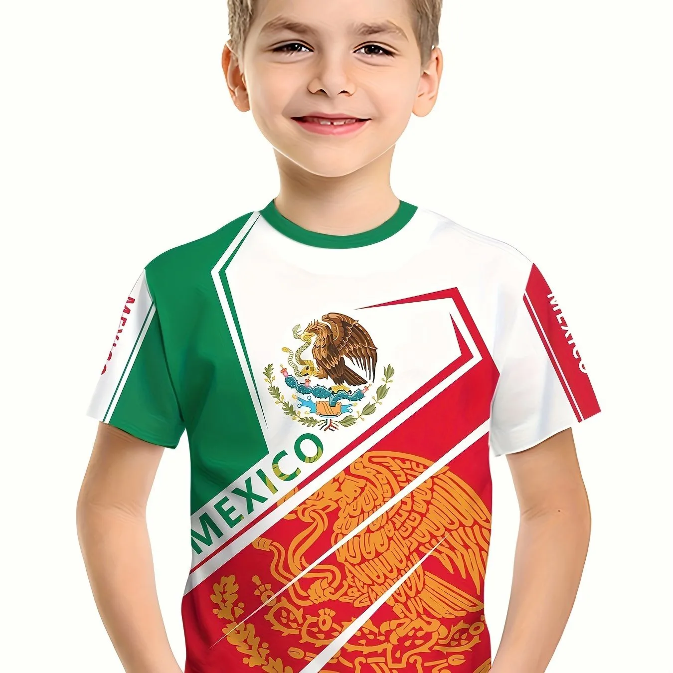 Children\'s Clothing Boys Summer Fashion Mexico Flag 3d Graphic Print T Shirt Short Sleeve Vibrant Colors Perfect for Casual Wear