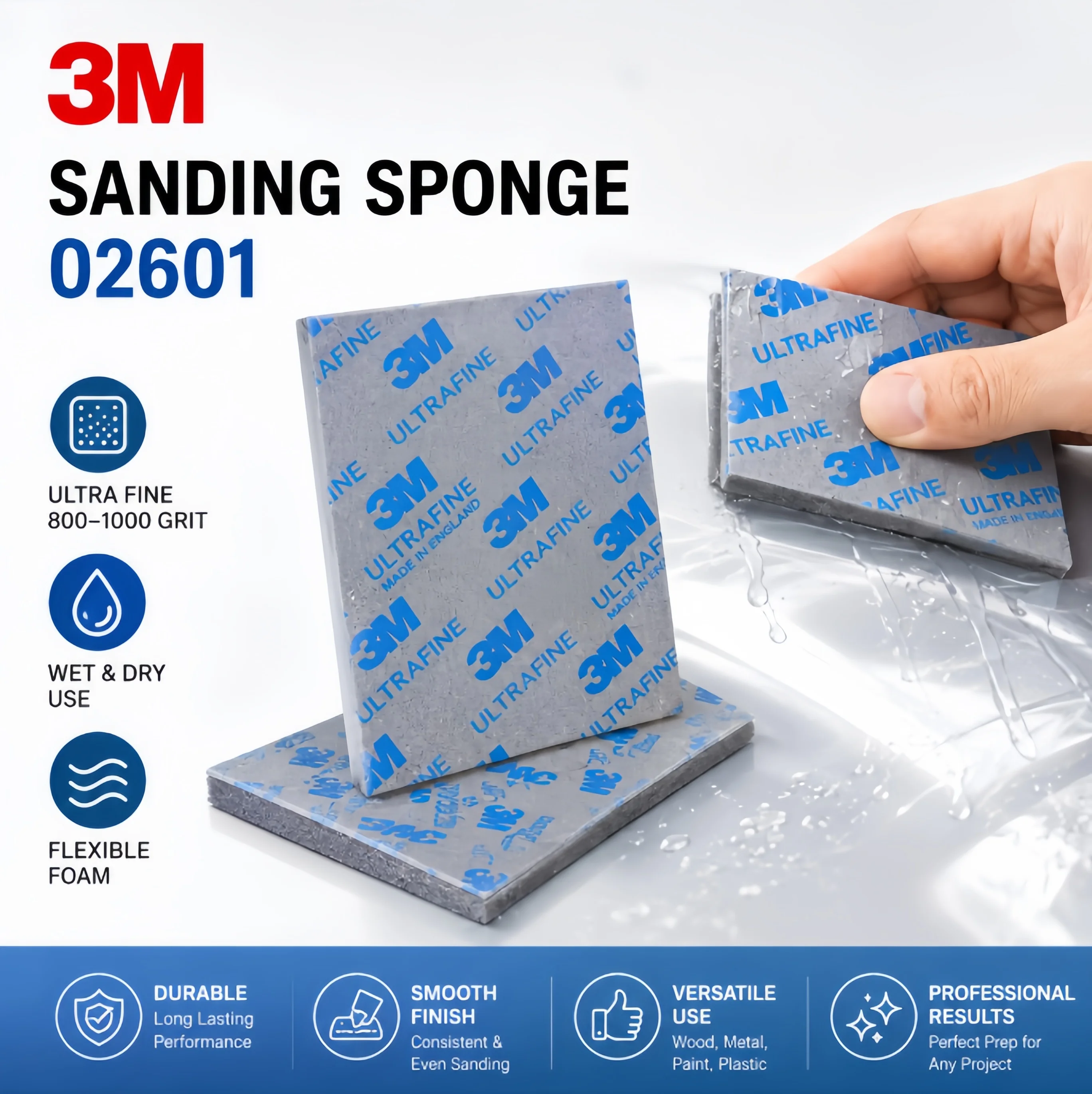 3M 02601 Ultra Fine Sanding Sponge 800-1000 Grit Wet Dry Flexible Abrasive Pad for Metal Wood Plastic