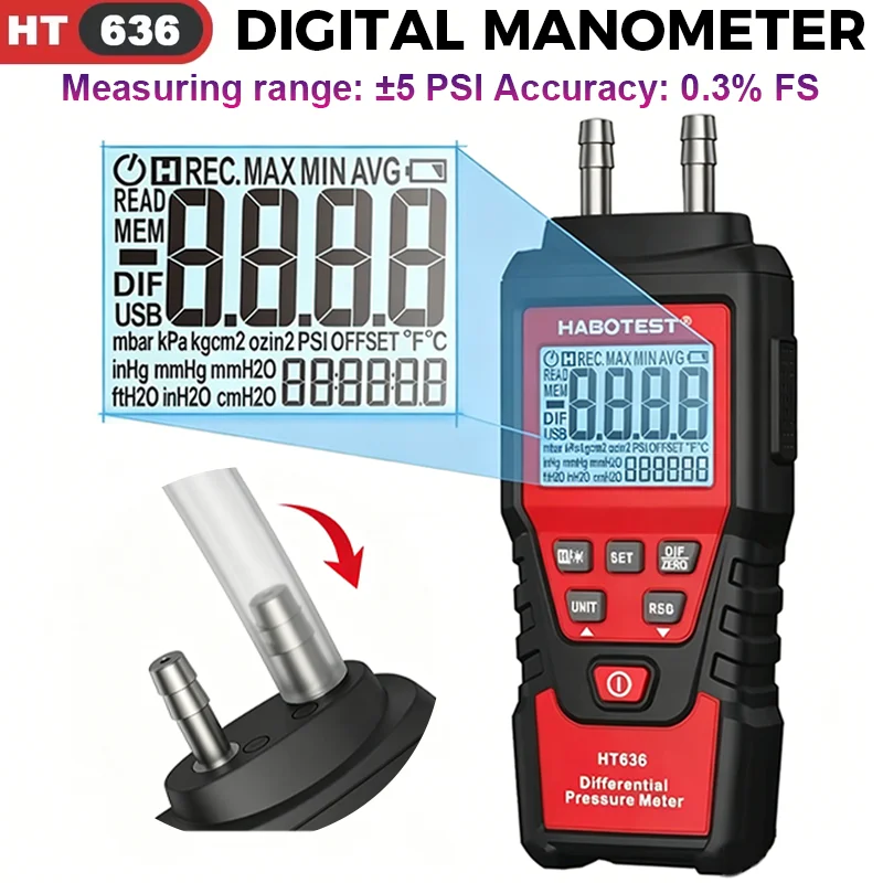HT636 Digital Manometer Pressure Gauge Meter Handheld Pressure Differential Detector Air Pressure Kit Detector Meter 12 Unit