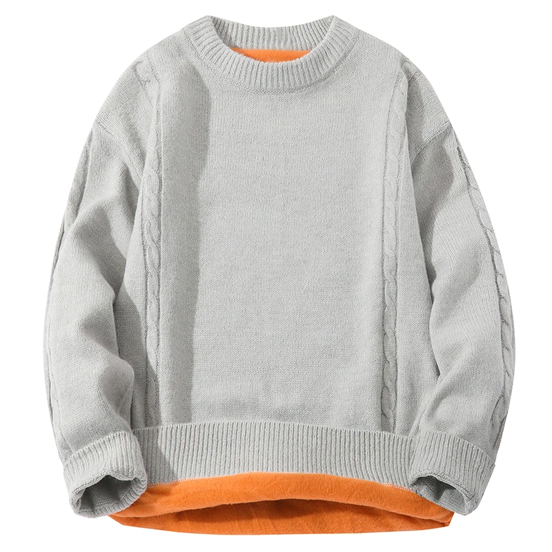 

Winter Men's Solid Color Fleece Sweaters Crewneck Long-Sleeve Cable Knitted Sweaters Thicken Warm Pullovers For Men