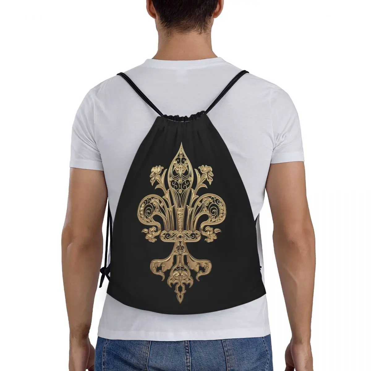 Gold Filigree Fleur De Lis Drawstring Bags for Training Yoga Backpacks Women Men Fleur-De-Lys Lily Flower Sports Gym Sackpack