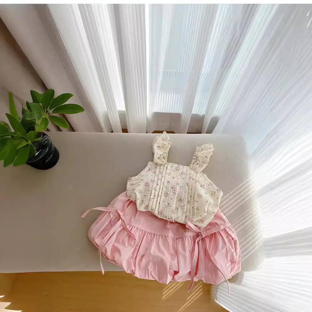 

Summer Children Girls 2PCS Clothes Set Sleeveless Pink Button Floral Print Tops Sweet Flower Bud Shorts Suit Kid Girls Outfits