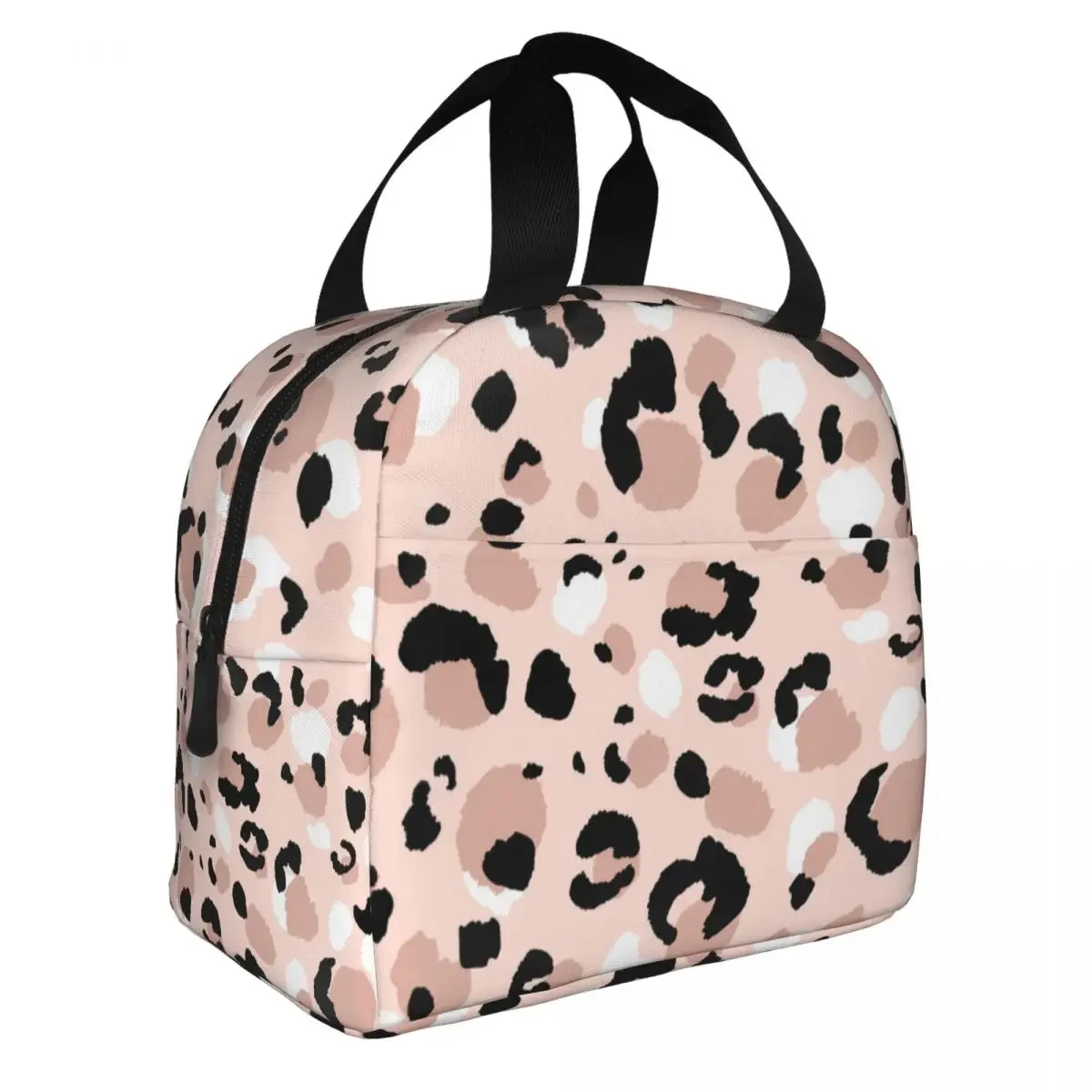 Beige Pink Black Leopard Lunch Bag Portable Insulated Canvas Cooler Bags Thermal Cold Food Picnic Lunch Box for Women Children