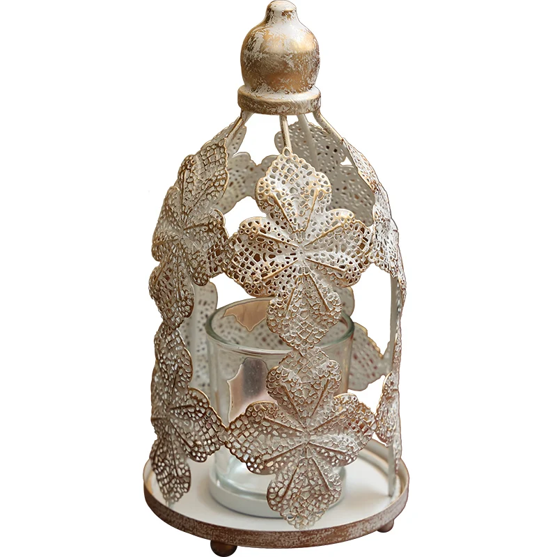 

Village Style European Style Pattern Tower Iron Hollow Glass Vintage Distressed Art Storm Lantern Decoration Candlestick