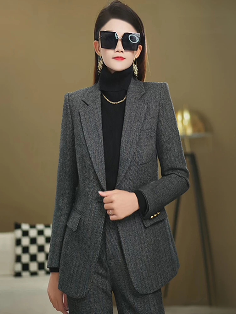 

Faionable Thiened Slim Fit Casual Workwear Suit Retro Sle High Waist Design Women's Premium Feel Polyester Fiber Suit