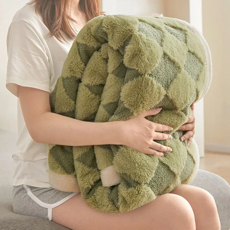 Faux Rabbit Wool Blended Plaid Blanket Sheep Camel Wool Jacquard Double-Layer Thick Blankets Single Bedspread for Four Seasons