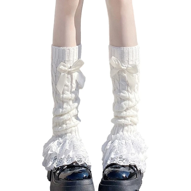 

Japanese Women Cable Knitted Leg Warmer Bow Tiered Ruffled Lace Calf Socks