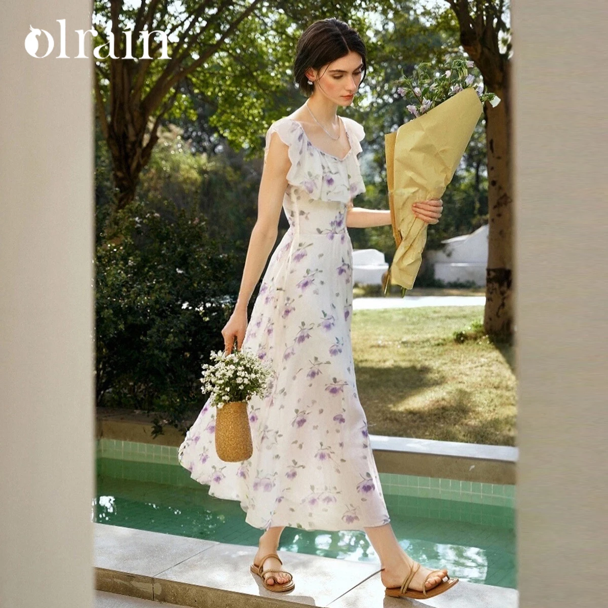 

OLrain Women's Long Printed Square Neck Holiday Dress 2025 Summer Printed Elegant Purple Butterfly Sleeve Lady DressesO57XL99118