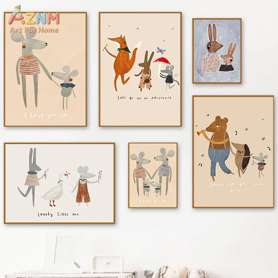 AZNM Neutral Cartoon Woodland Animal Canvas Print Mouse Fox Bear Rabbit Duck Adventure Quote Boho Kids Nursery Bedroom Wall Deco