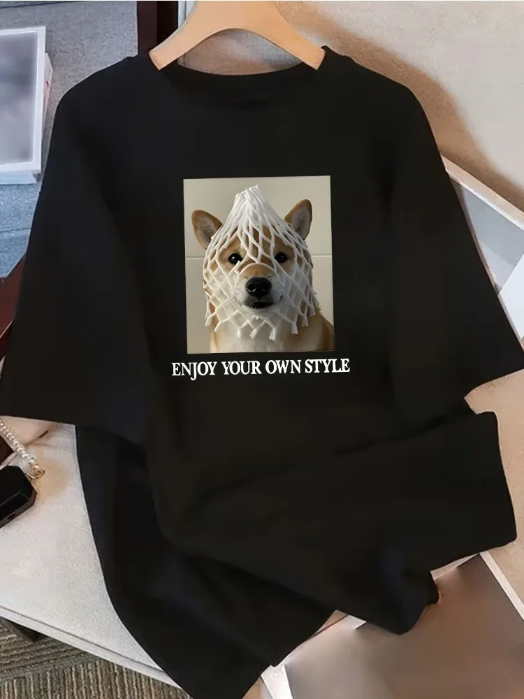 

Милая женская футболка с принтом кошика Шиба-ину, повседневный топ свободного кроя, удобный дизайн для всех сезонов, прочная рубашка с круглым вырезом Y2K