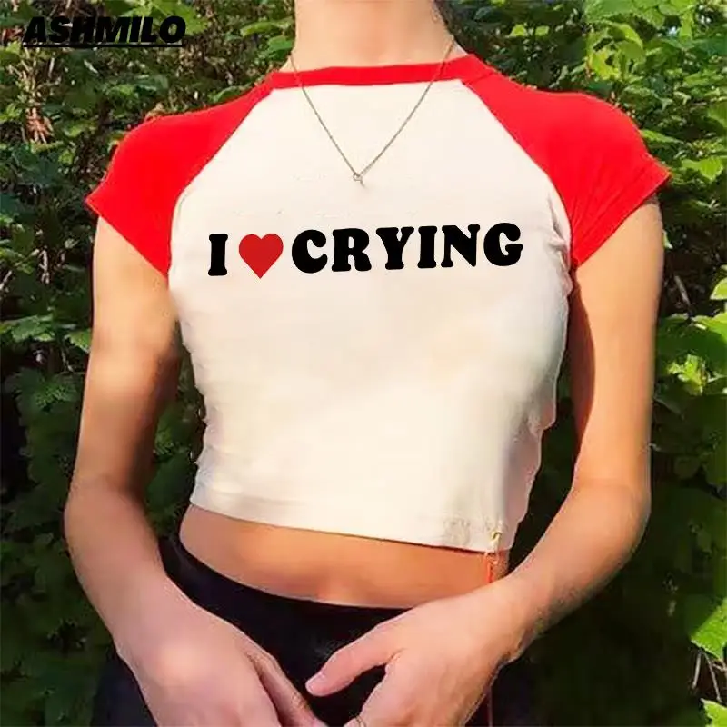 

Women's Short Sleeve Top I Love Crying Letter Graphic Y2k Aesthetics Vintage Harajuku Spliced T-shirt Crop Tops Korean Fashion