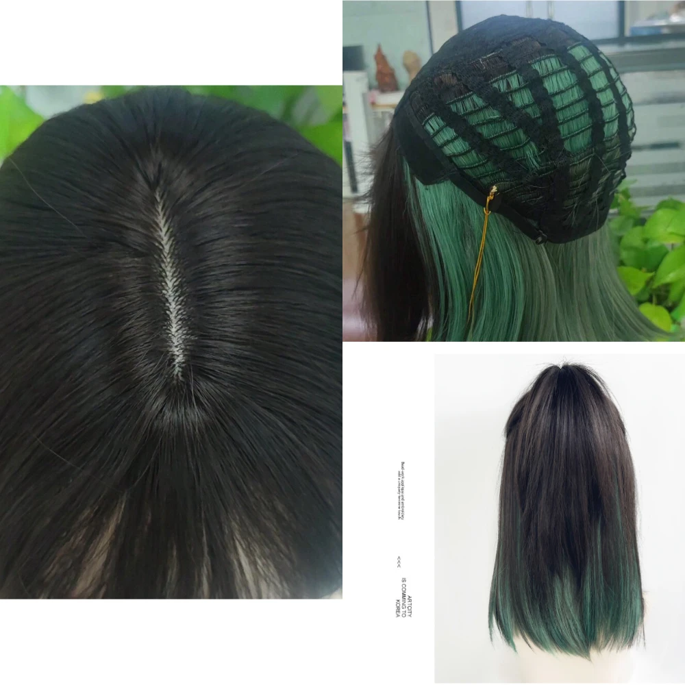 Women Black Green Ombre Cosplay Short Straight Synthetic Wig Wolf Tail Mullet Head with Bangs Wig for Daily Party