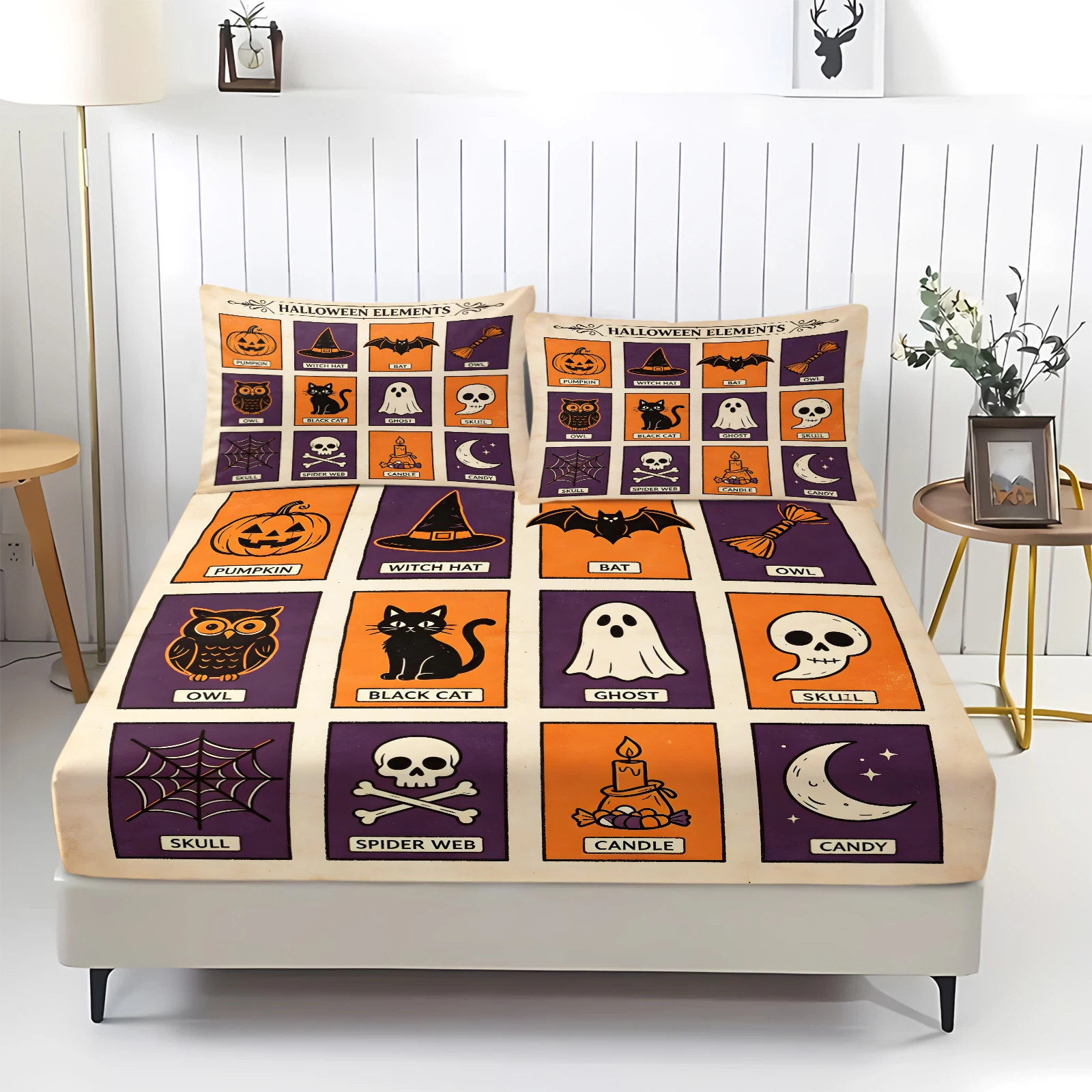Halloween Tarot Card Fitted Sheet Set Pumpkin Ghost Black Cat Bed Sheet with Pillowcase Elastic Mattress Cover Home Bedding