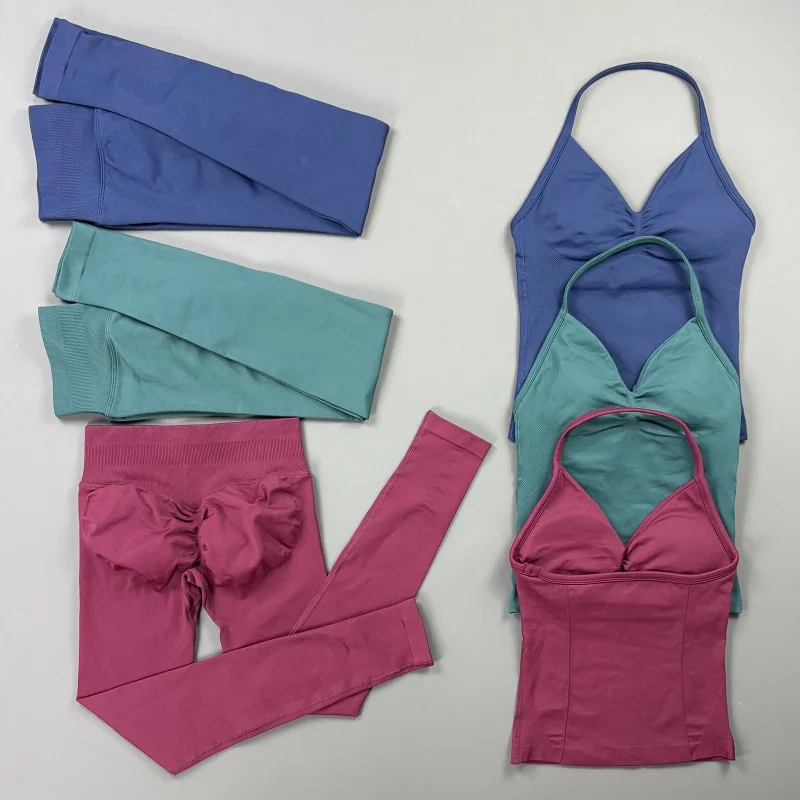 HISTELLO 2-teiliges Gym-Set Damen Yoga-Leggings-Anzug Nahtlose Sport-Rückenfreie Neckholder-Oberteile Biker Workout Fitness Sportbekleidungs-Sets