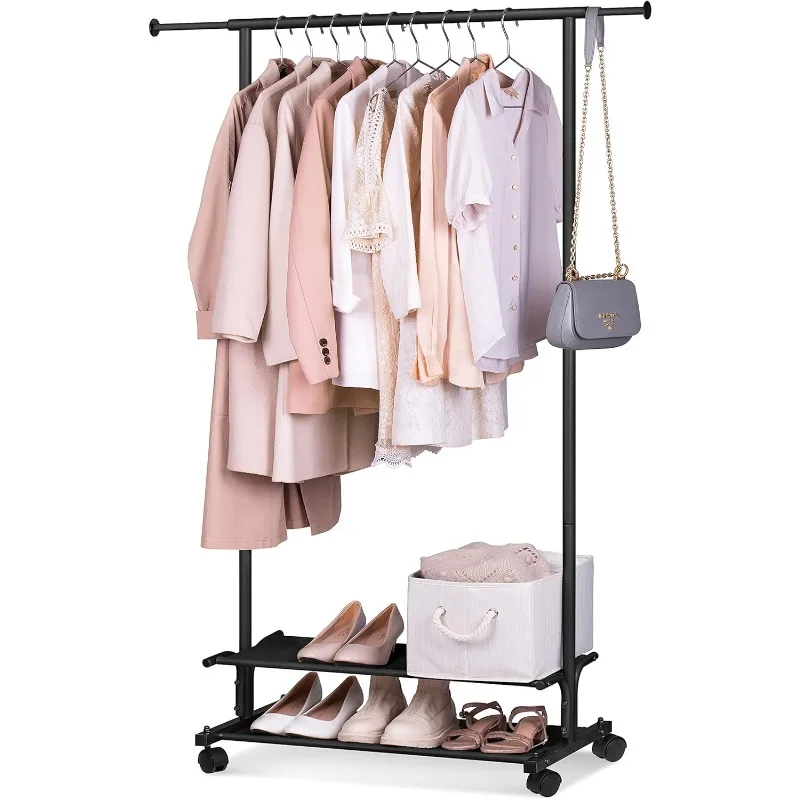 

2 Shelves Clothing Racks for Hanging Clothes Rolling Garment Rack with Wheels Portable Clothes Rack Metal Wardrobe Rack