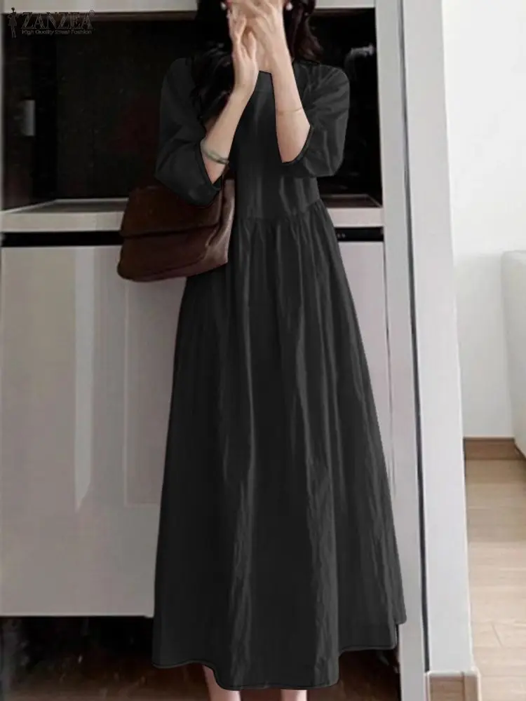 ZANZEA Casual Women Maxi Dresses Square Neck 3/4 Sleeve Gathered Waist Solid Color Loose Long Dress Fall 2025 Woman Clothes 3XL