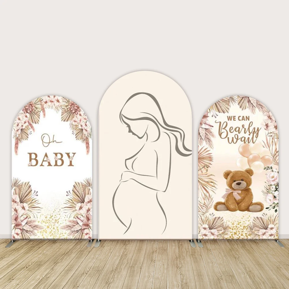 Boho Baby Shower Arched Backdrops Cover Pampas Grass Bear Newborn Background Pregnant Arched Wall Photobooth Doubleside