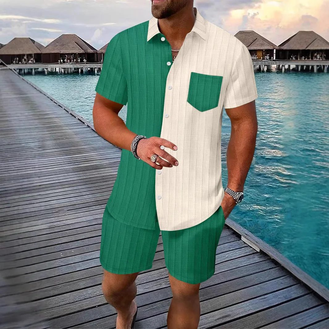 2025 European Men's Summer Short-Sleeved Plaid Multi-Color Padded Short-Sleeved Shorts Collared Shirt Casual Suit