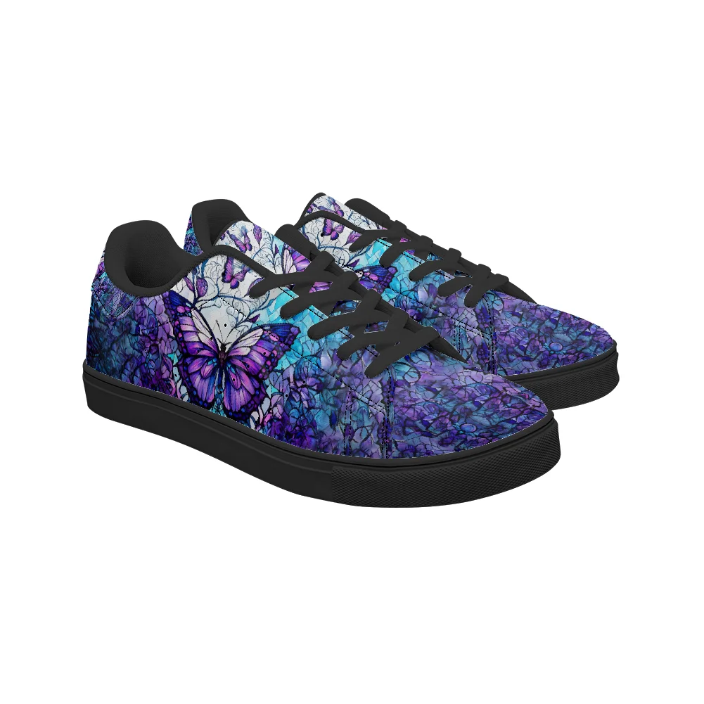 أحذية كلاسيكية بنمط الفراشة الأرجوانية بخلفية سوداء كاجوال أحذية عصرية أحذية رياضية في الحرم الجامعي