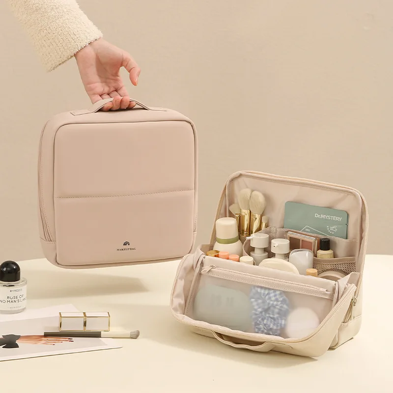 Premium Minimalist Solid Vertical Makeup Bag PU Waterproof Handheld Cosmetic Bag Large Lightweight Dustproof Travel Toiletry Bag