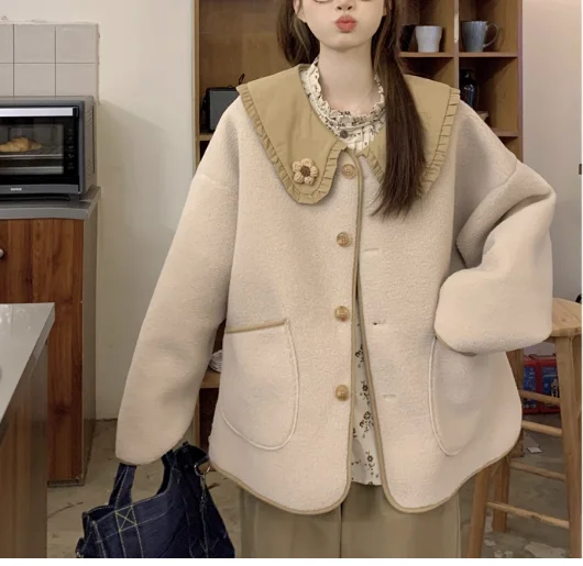 حجم كبير النساء الشتاء الكورية فضفاضة الحلو بيتر بان طوق الحد من العمر امبسوول سترة موضة تنوعا سترات بأكمام طويلة