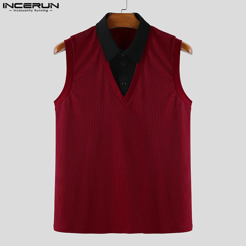 

INCERUN мужские майки вязаные лоскутные лацканы без рукавов летние мужские жилеты топы уличная одежда 2025 стильная повседневная мужская одежда