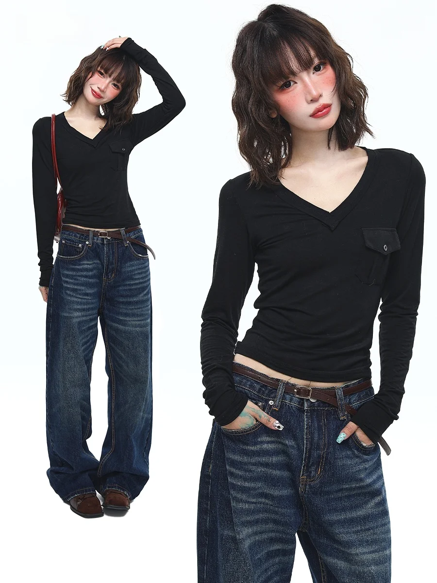 

Sanowers Korean Sle Long Sve V-Ne T-irt Women's Slim Fit Versatile Hot Girl Base irt Top Breathable Casual Wear