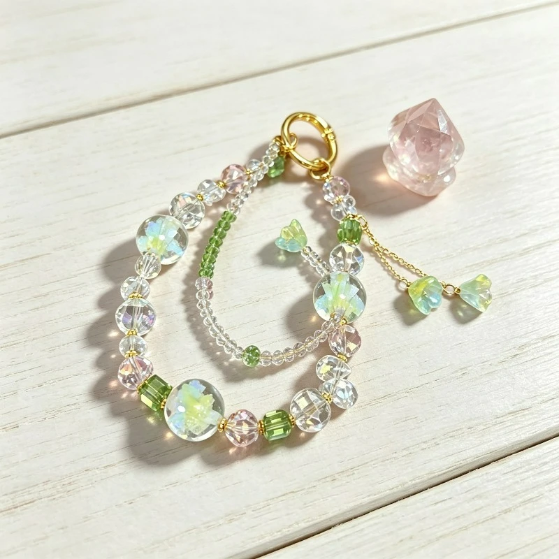 

Green Crystal Beaded Phone Chain Anti-lost Lanyard Double Layer Keychain Bag Charm