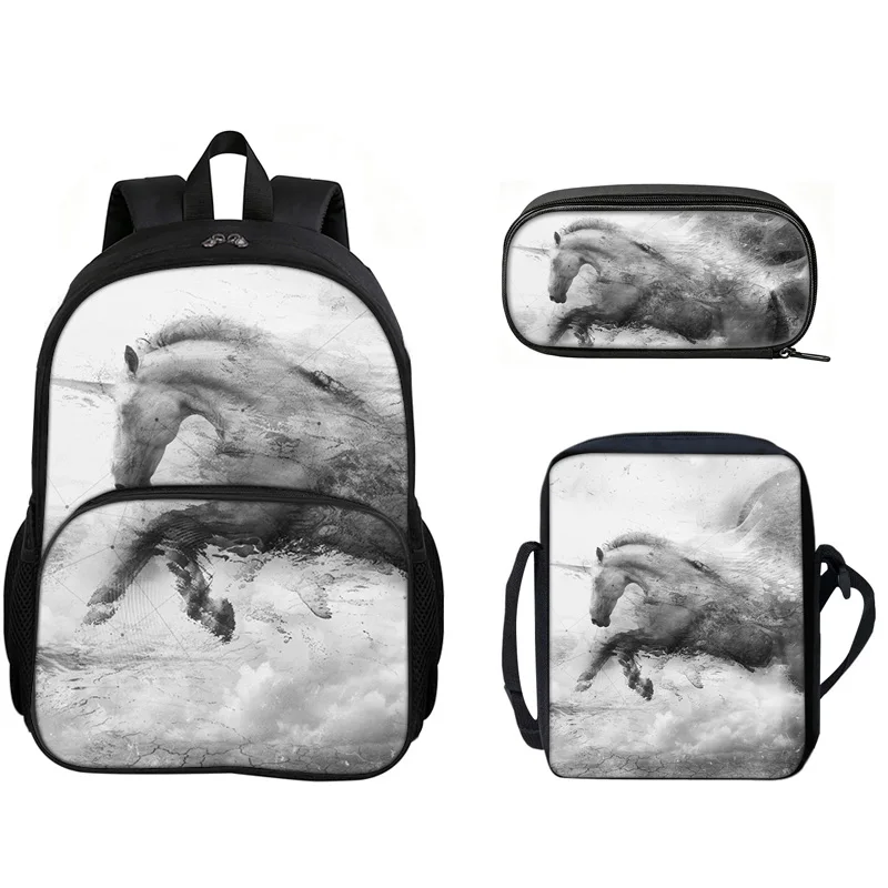Horse 3Pcs Set with Front Pocket Backpack School Bag with Shoulder Bag Pencil Case Lightweight Large Capacity Multi-function