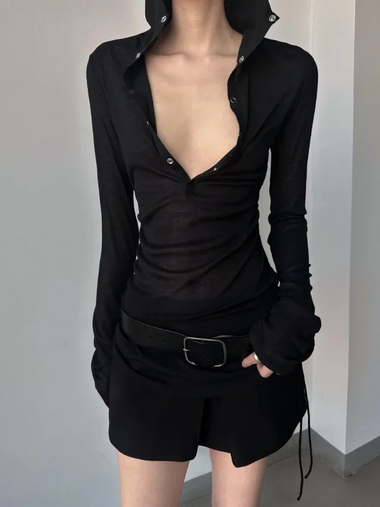 تي شيرت هاي ستريت الواقي من الشمس بلون سادة وأكمام طويلة وشفاف صغير مع غطاء للرأس قميص فتاة ساخنة ألفية نحيف عالي الجودة