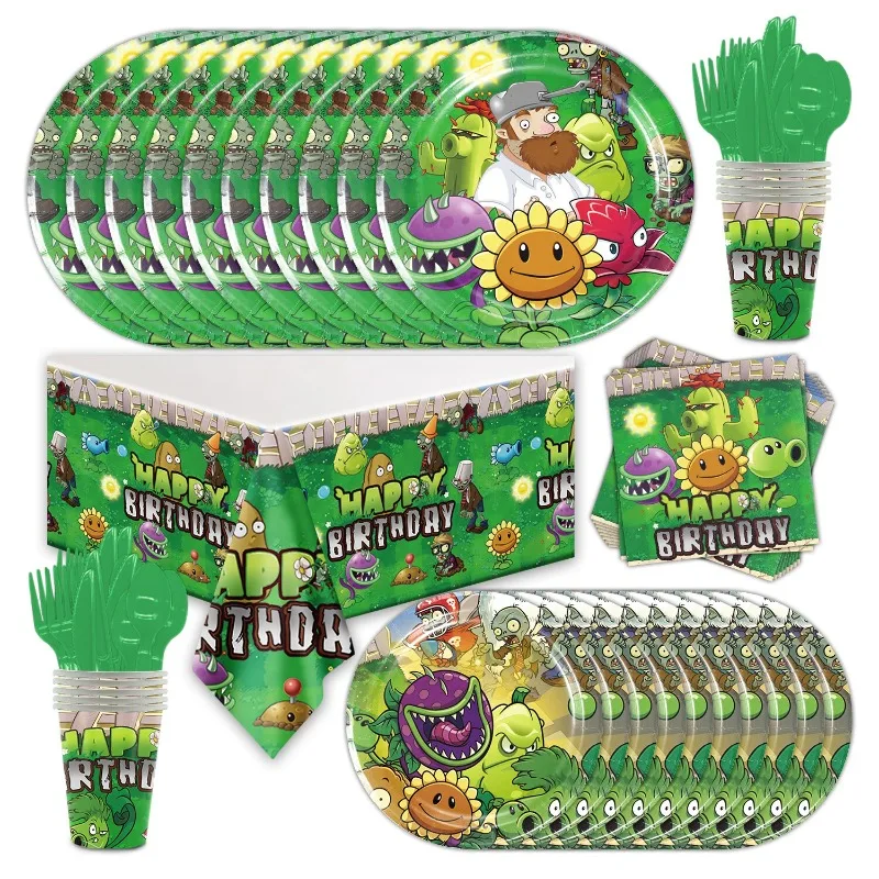 New Cartoon Zombie Plants Theme Happy Birthday Party Disposable Tableware Plates Cup Game Boys Kids Tablecloth Party Supplies