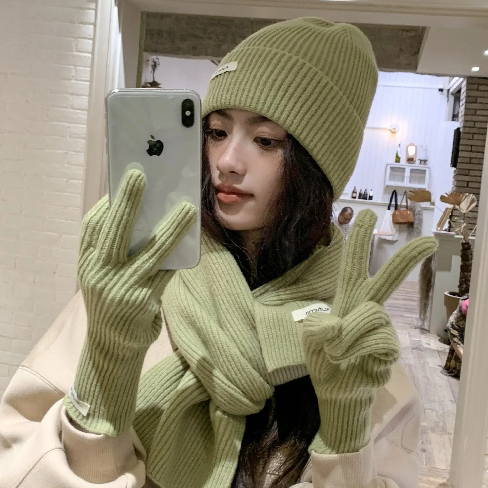 Frauen Handschuh Sets Koreanische Herbst Winter Warme Gestrickte Drei-stück Set Schals Handschuhe Hut Einfarbig Touchscreen Handschuhe frauen