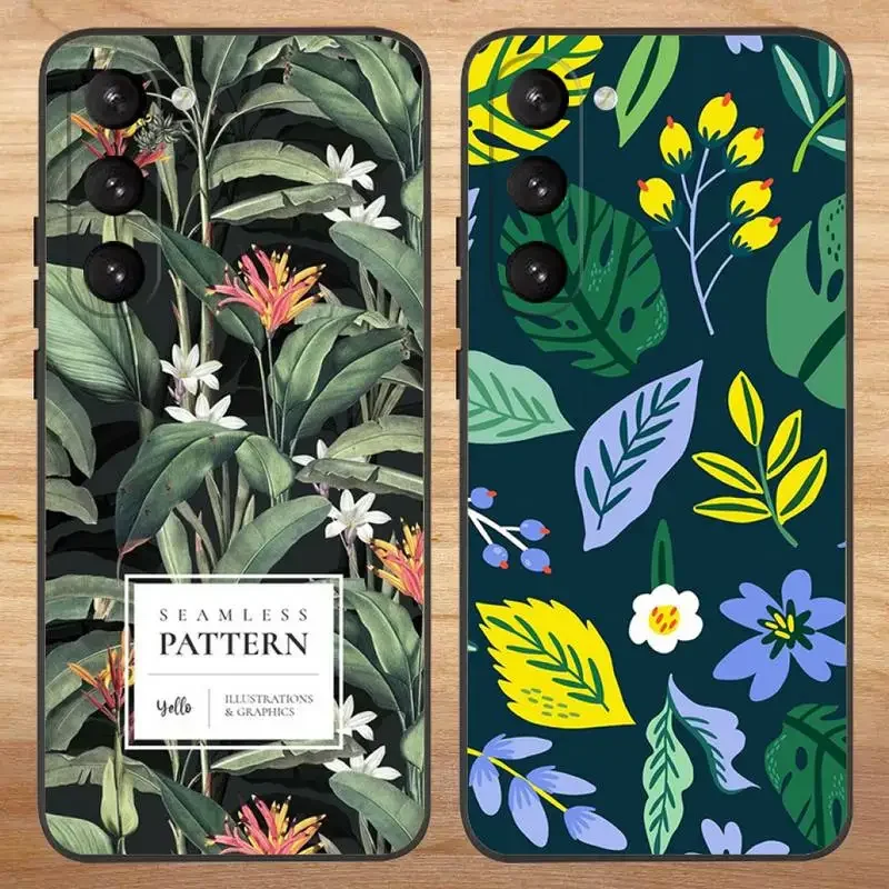 Tropical Floral Botanic Leaves Phone Case For Samsung S23,23,22,30,21,10,9,Note20 Ultra,Lite,Ultra,5G,Plus,FE,Black Soft Case