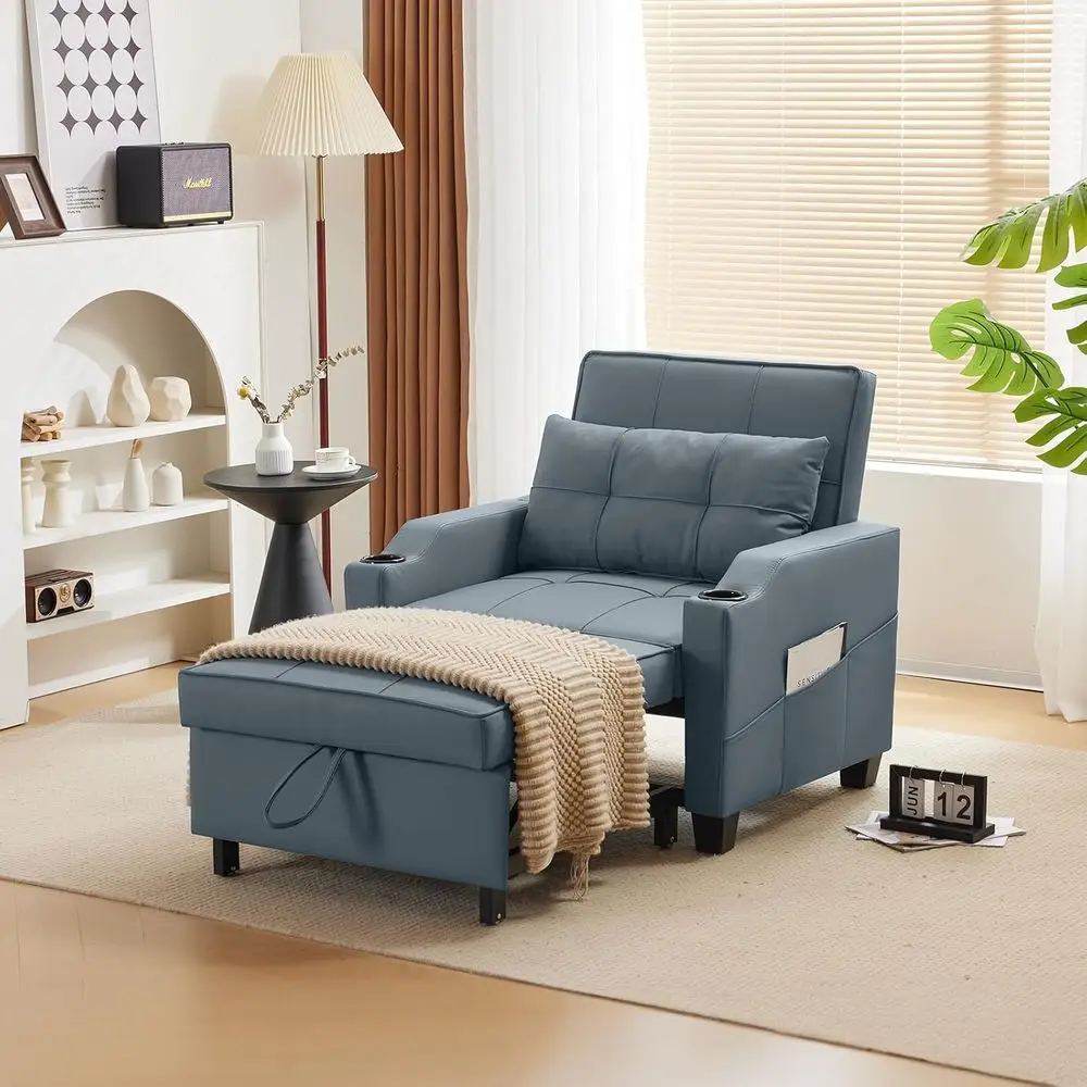Sleeper Chair with Pull Out Couch Bed, 3-in-1 Convertible Soa Bed Chaise Recliner with USB Ports, Cup Holders, Side kets or Livi