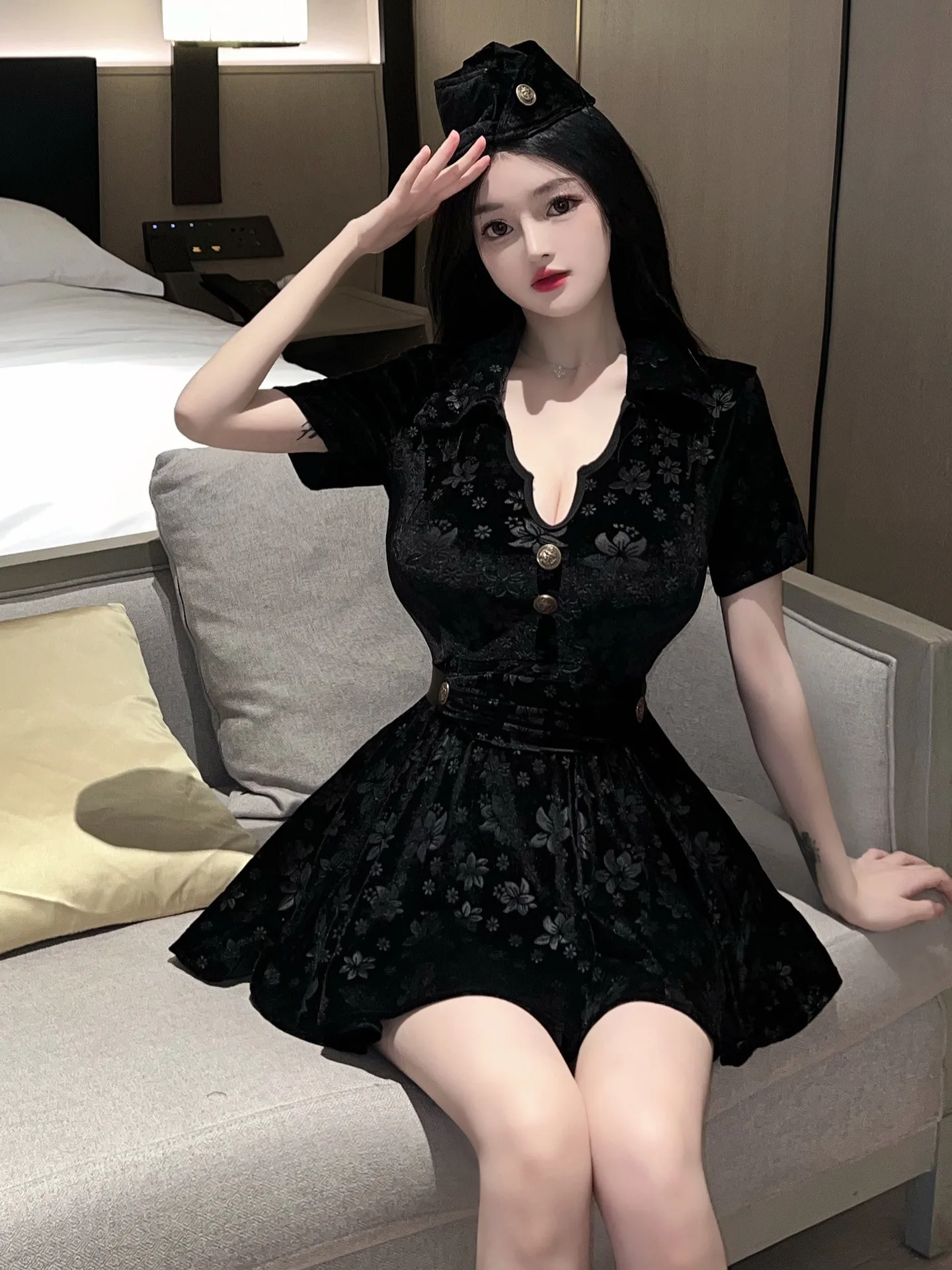 중국 스타일 항공사 스튜어디스 유니폼, 섹시한 소녀 블랙 인쇄, 하이 엔드 슬리밍 반팔 원피스, 우아한 여름 신상 CGVE