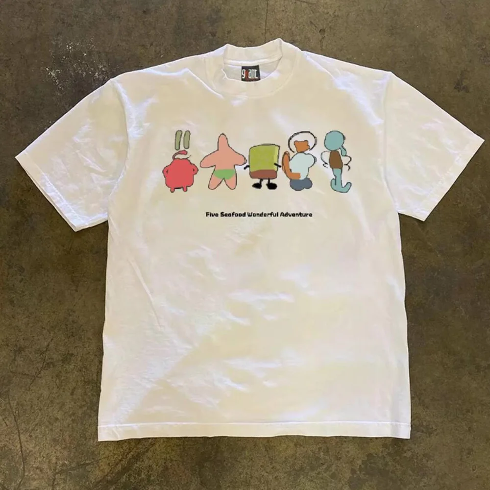 Five Seafood Wonderful Adventure Funny Cartoon Printing Unisex Loose Cotton T Shirts 2025 Summer Ins Fashion Cute Tops Tees