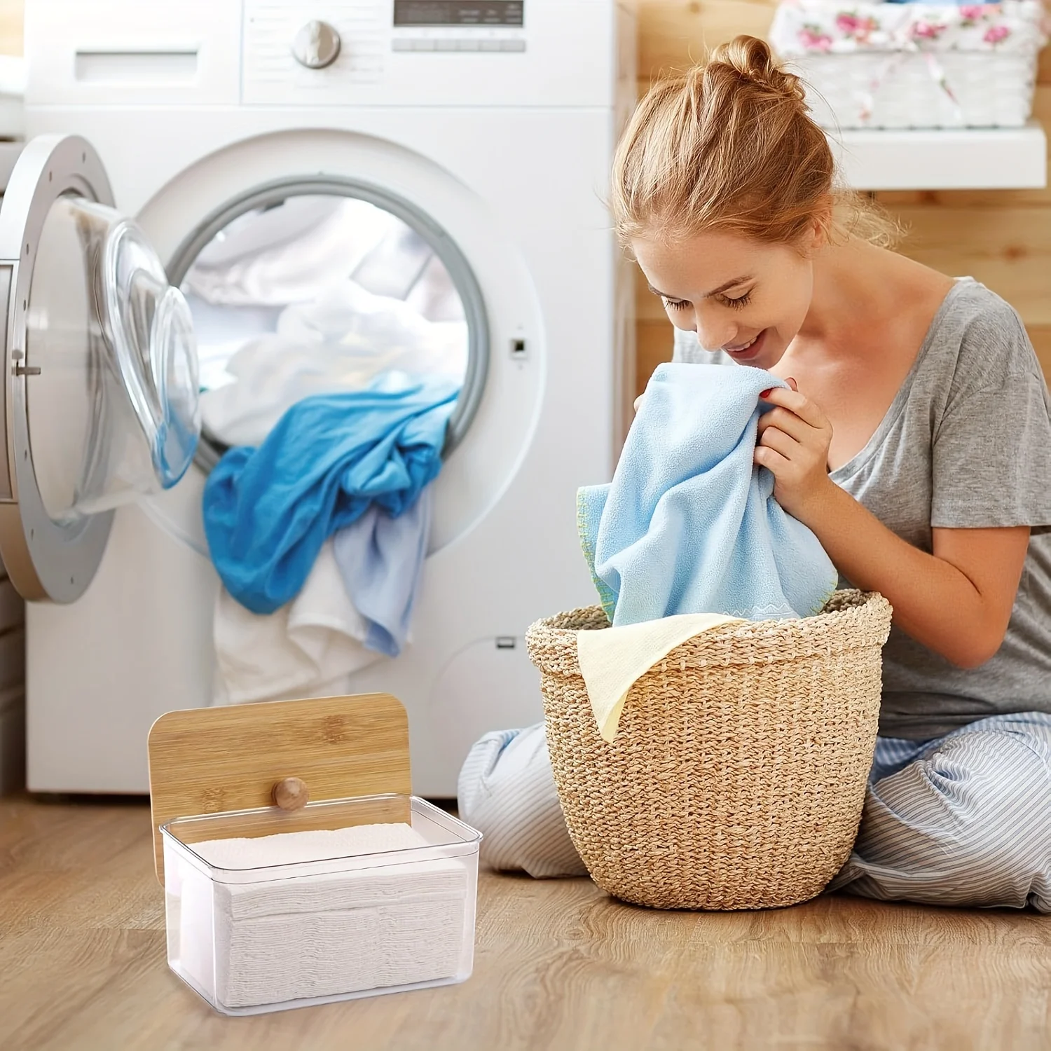 Acrylic Dryer Sheet Holder Container for Laundry Room Dryer Sheet Dispenser Laundry Room Organization Jars with Bamboo Lid