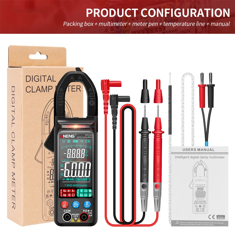 ANENG ST212 DC/AC Current Digital Clamp Meter 6000 Counts 400A Amp Multimeter Large Color Screen Voltage Tester Car Hz NCV Ohm