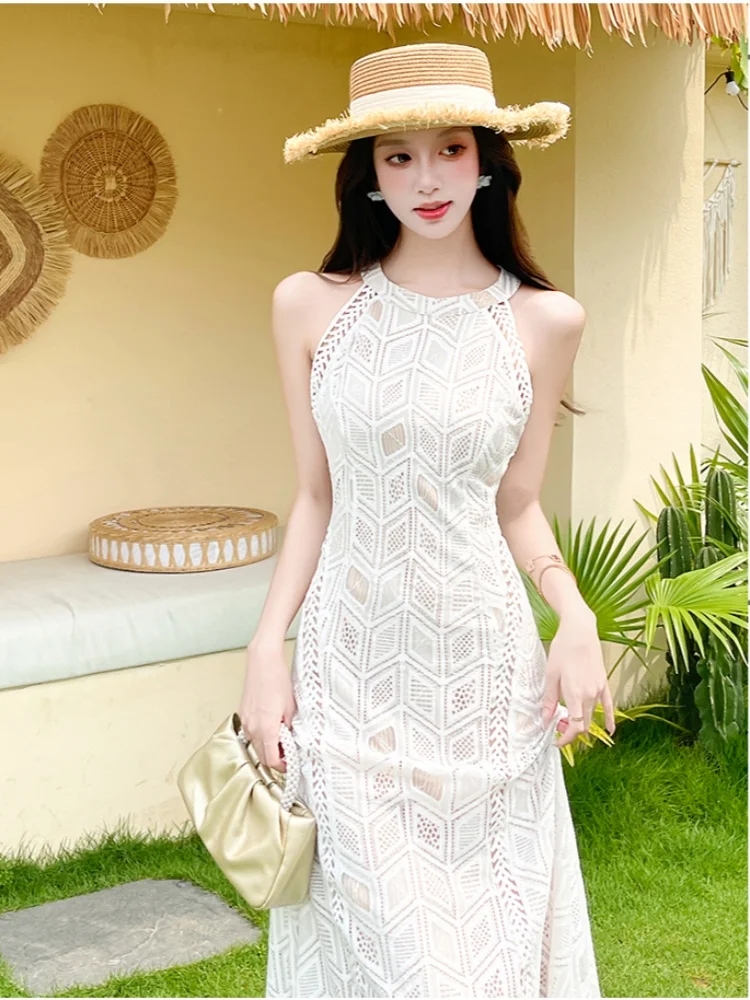 Sukienka damska z koronki, ażurowa, w kształcie litery A, z dekoltem typu O, bez rękawów, z wysokim stanem, elegancka, nowa odzież damska.