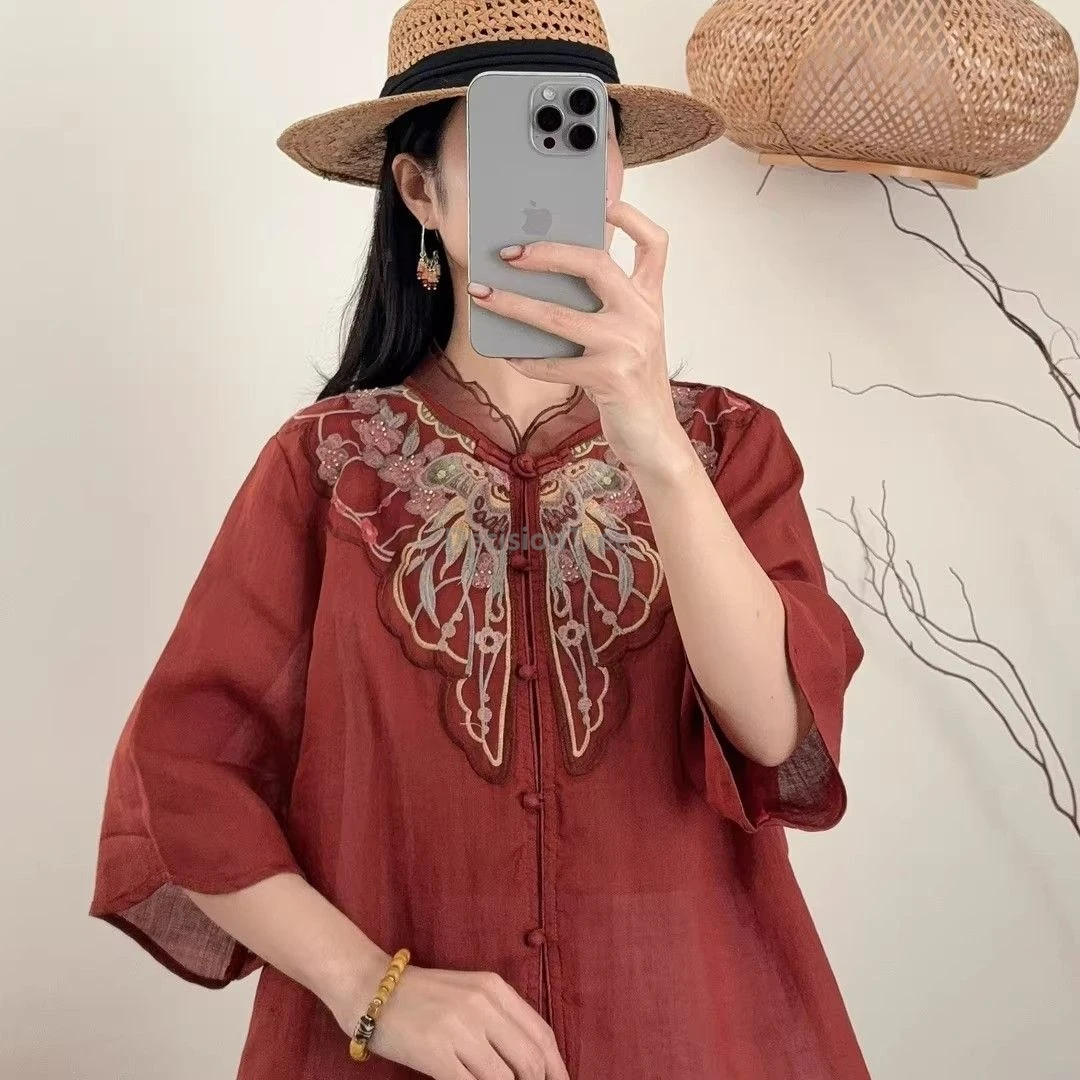 新中国産綿麻トップス、重刺繍入り半袖春夏レディースシャツ、多用途でエレガントなデイリーブラウス