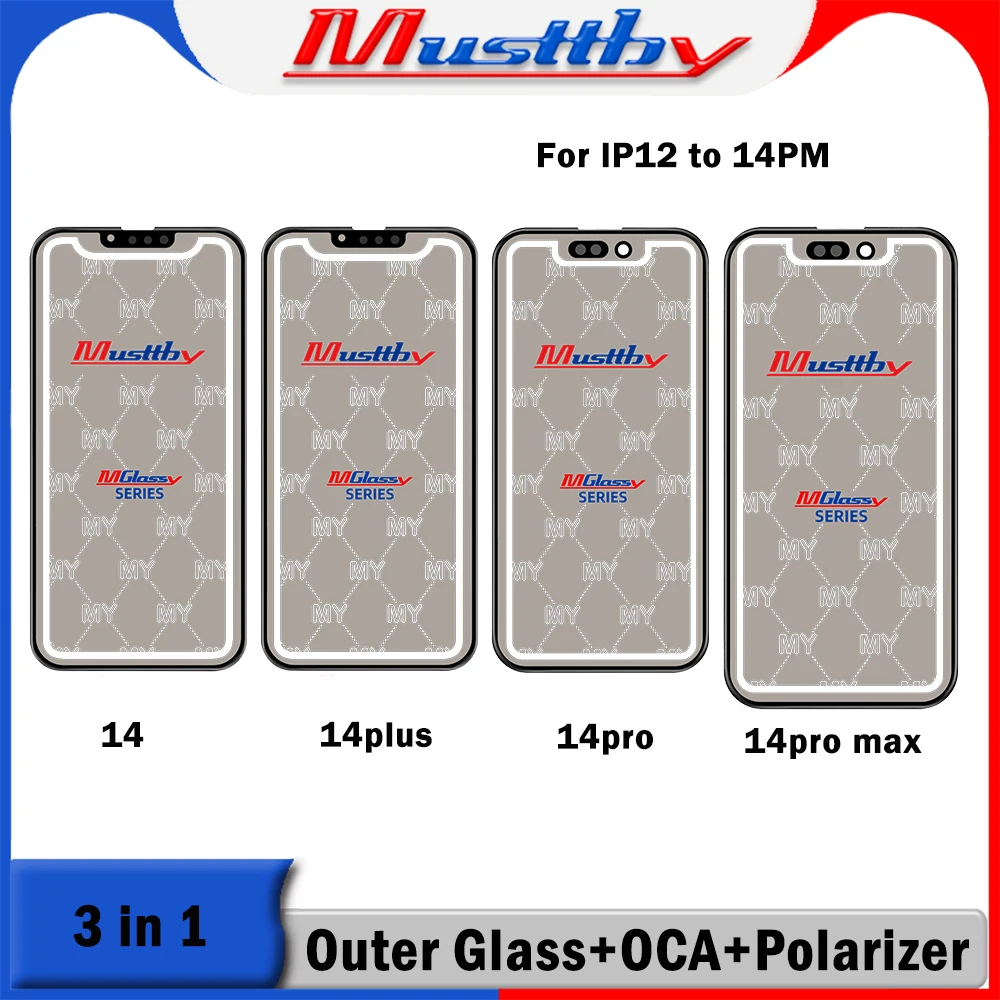 

Musttby 10pc 1:1 OEM 3in1 Front Glass+OCA Polarizer Film Pre-installed Replacement For iPhone 15 12 14 Pro Max LCD Touch Screen