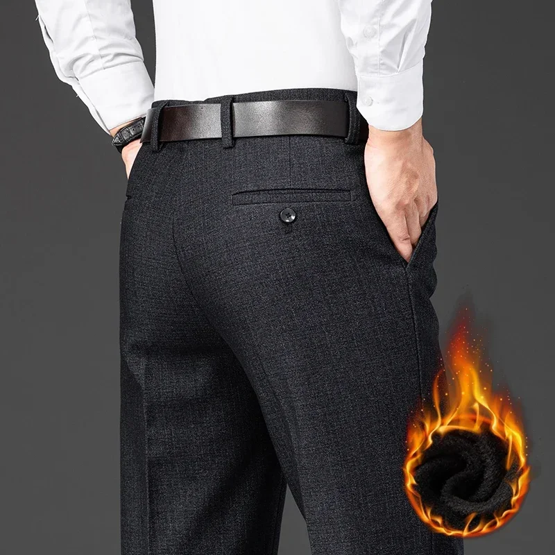 Winter Warm and Thickened Men\'s Business Casual Pants Classic Style Loose Straight Black Fleece Trousers Male Brand